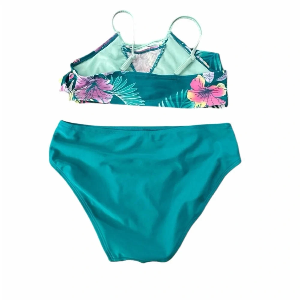 Justice Teal and Pink Floral Girl’s Ruffle Bikini Large (12-14) Excellent Cond